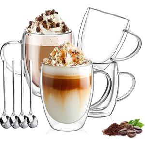 DINGPAl 4 Pack Double Wall Glass Coffee Mugs, 12 oz Walled Insulated Cappuccino Mug Heat Resistant Borosilicate Glass Coffee Cups with Handle and Spoon for Latte, Espresso, Americano, Hot/Cold Drink