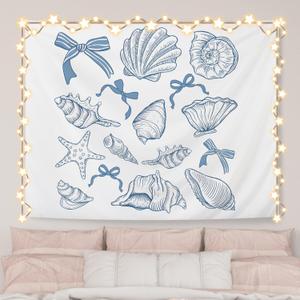 AQYIP Coquette Blue Bow Seashell Ocean Beach Tapestry Wall Hanging, Preppy Beach Tapestry Decorative, Blue Coastal Wall Blanket Decor for Girls Room Dorm Apartment Bedroom, 50x60 Inch