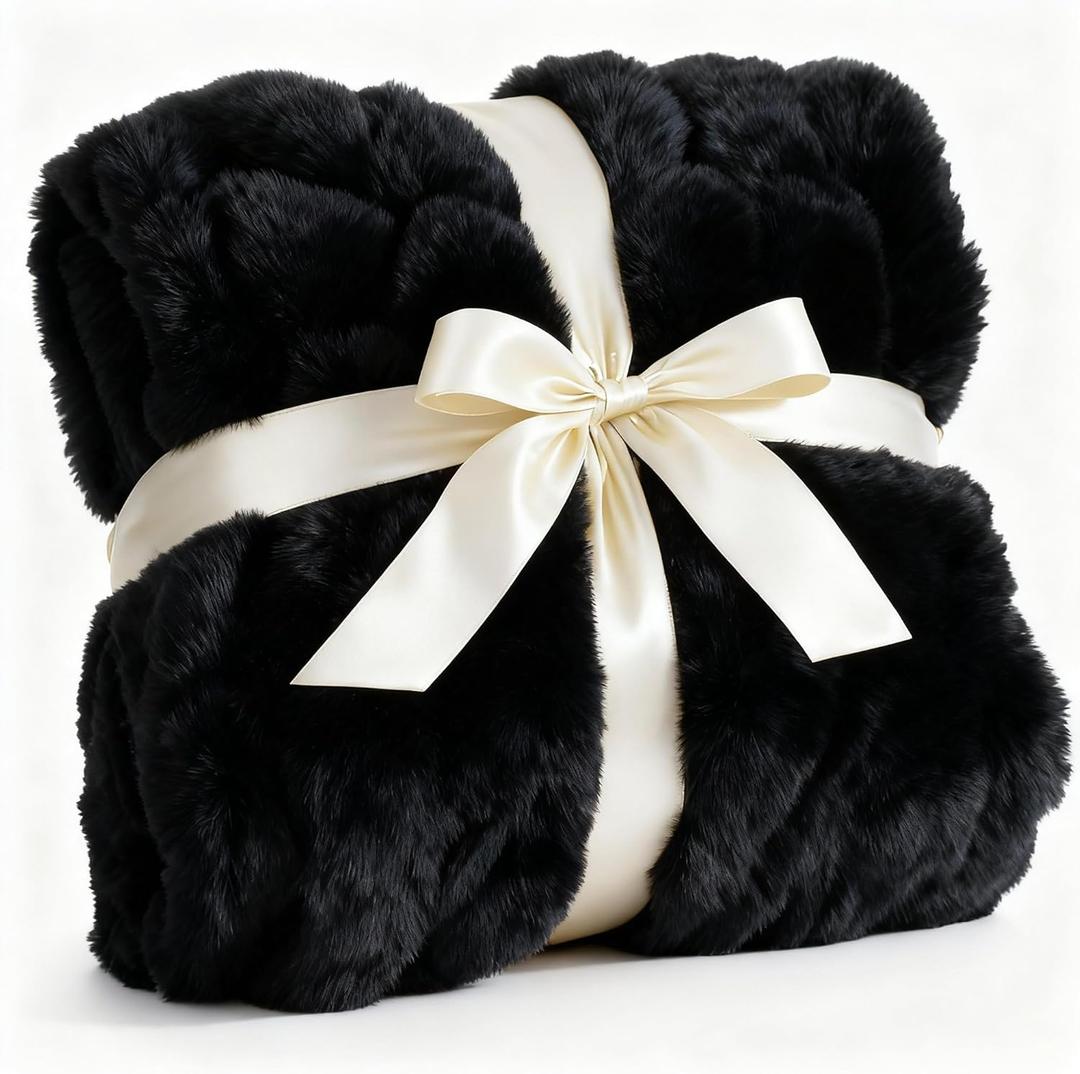 Fluffy Throw Bubble Blanket Twin Size - Faux Fur Throw for Couch or Bed - Plush Soft Extra Thick Faux Fur Rabbit Blanket - Comfy, Warm & Breathable - Luxury Minky Tie Dye Bedding - 60" x 80", Black