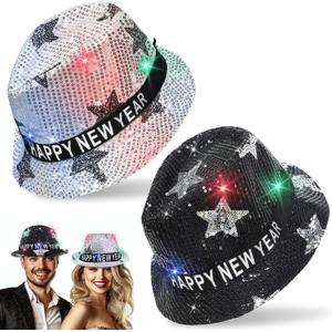 TURNMEON 2 Pack Happy New Year Hats LED Light Up Top for Women & Men, Black & Silver Party Hats for New Year's Eve Party Supplies 2026