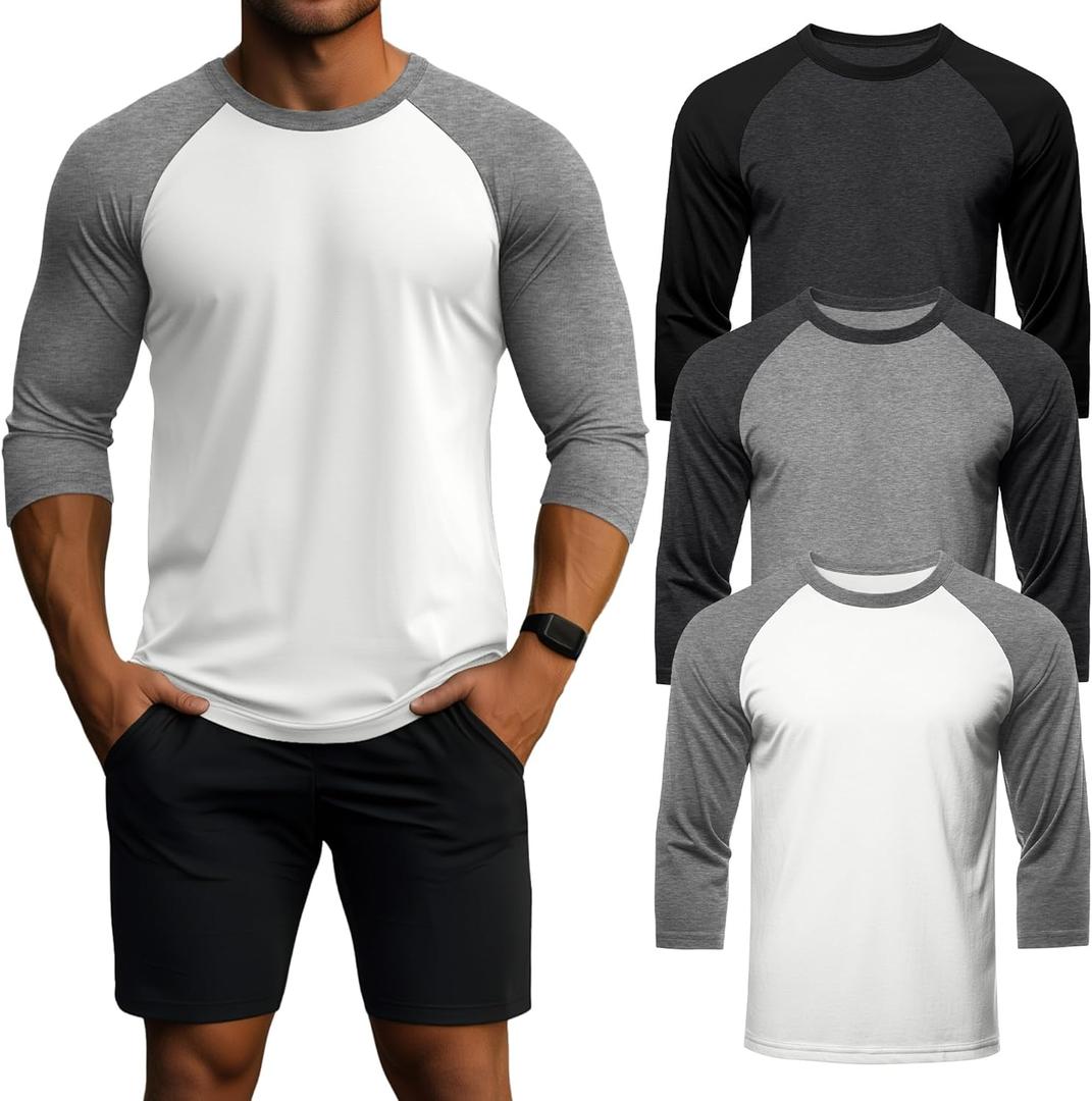 Huukeay 3 Pack Men's 3/ 4 Sleeve Shirts Crew Neck Baseball T Shirts Moisture Wicking Athletic Tops(Dark Grey/ Black, Light Grey/ Dark Grey, White/ Light Grey, 4X-Large)