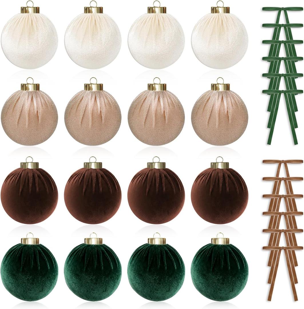 Velvet Christmas Ornaments, Pack of 16pcs 3.15" Shatterproof Ornaments Balls in 4 Colors and 12pcs 7.09" Velvet Bows for Christmas Tree (Brown, Green) and Vintage Xmas Tree Decoration (Neutral)
