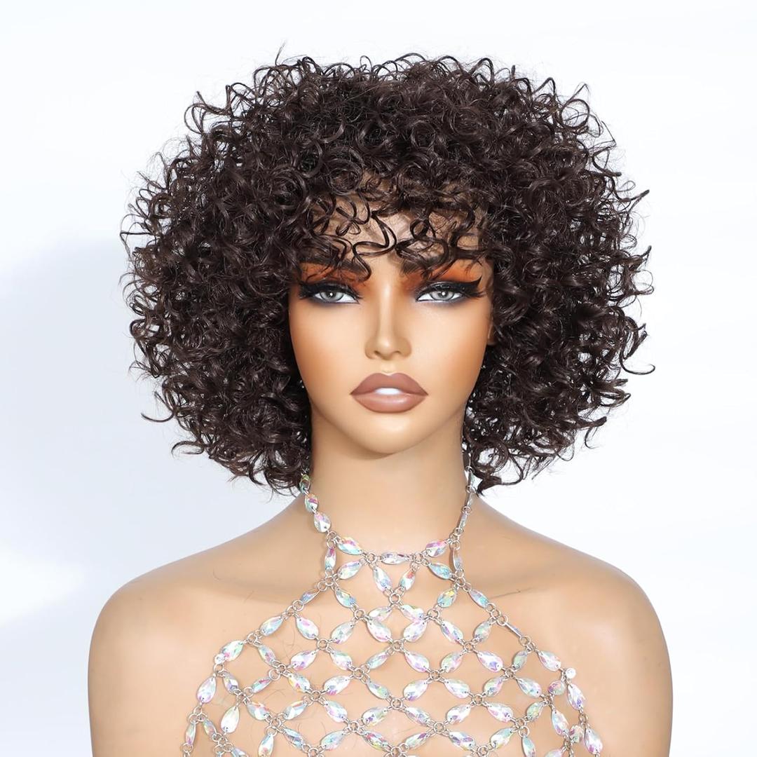 Brown Short Big Spiral Curls Wigs Glueless Wig with Bangs Afro Curly Wig for black Women Beginner Friendly 4#,4A Curls