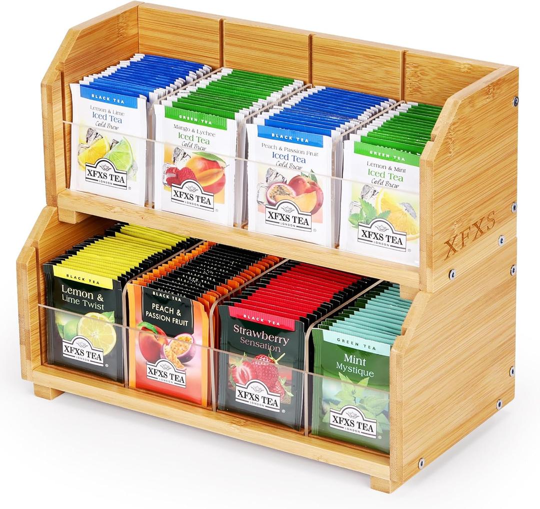 Tea Bag Organizer, 2 Layer Stackable Bamboo Tea Box Organizer Storage Box, Wooden Holder with 8 Compartments Natural Wood & Acrylic for Countertop Kitchen Cabinet Pantry (2 Tier)