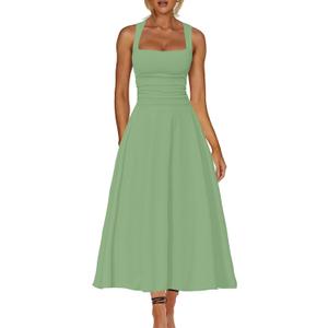 Kaximil Women's Square Neck Corset A Line Maxi Dress Ruffle Ruched Waist Flowy Long Dresses L
