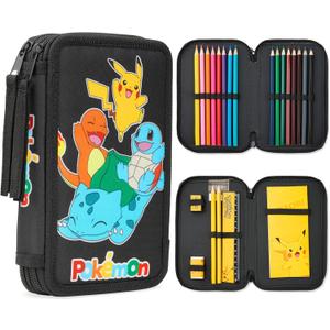 Pokemon Pencil Case for Boys Girls Pikachu Stationery Set with Colored Pencils Sharpener Ruler Eraser Notepad School Supplies Anime Gifts for Kids (Black/Multi)