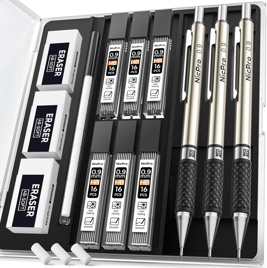 Nicpro 0.9 mm Art Mechanical Pencil Set in Storage Case, 3 PCS Metal Drafting Pencil Lead Pencil with 6 Tube HB Lead Refills, 3 Erasers, 9 PCS Eraser Refills for Artist Writing, Drawing, Sketching