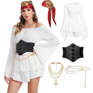 DARFULA Pirate Costume Women Dress White Pirate Dress with Corset Necklace Bandana Headscarf Accessories