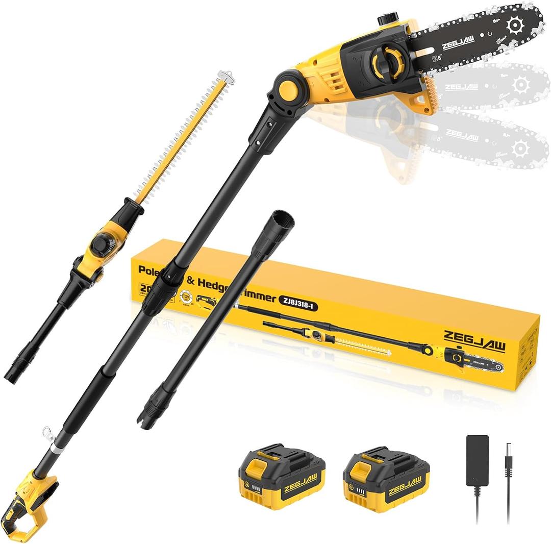 ZEGJAW Pole Saw 8-Inch Cordless Tree Trimmer and 18-Inch Pole Hedge Trimmer 2-in-1, 15-Feet Max Reach, Pole Chainsaw, Auto Oiling, with 2x3.0Ah Battery & Charger, for Tree Trimming and Shrubs Pruning