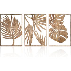 Jinzhenhong 3Pcs Modern Wooden Wall Sculptures, Leaf Sign Vintage Tropical Plant Wall, Wood Rustic Palm Leaf Wall Art Decor for Living Room Bathroom Bedroom Office (Leaf 1 Dark Brown)