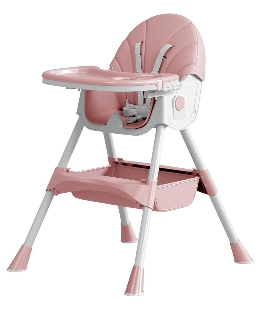 Baby High Chair, 5 in 1 High Chairs for Babies and Toddlers, Travel Foldable High Chair with Detachable PU Cushion, Double Removable Tray, Adjustable Height & Recline, Locking Wheels (Pink)