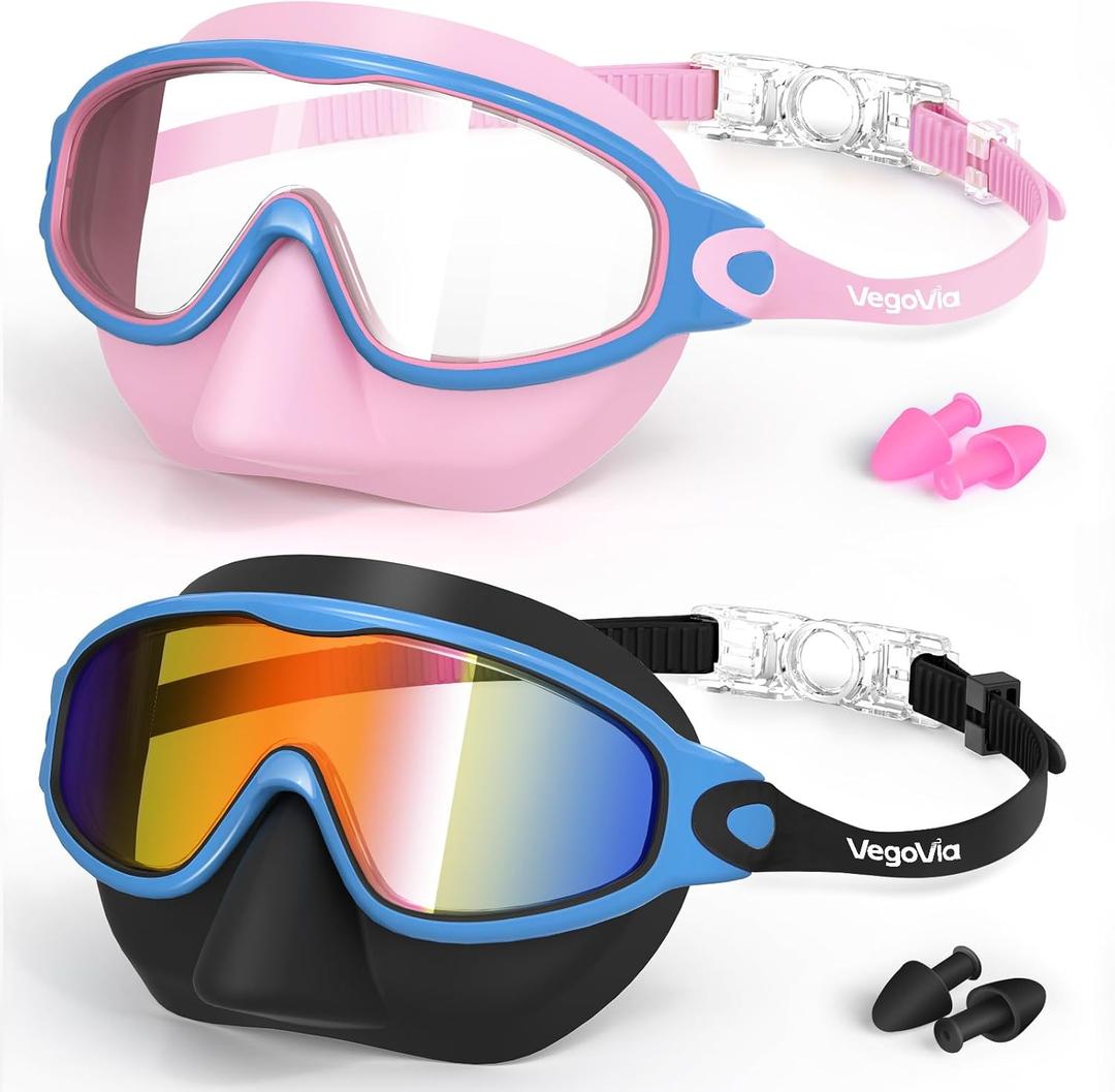 2 Pack Kids Swim Goggles with Nose Cover, Anti-Fog UV Protection Swimming Goggles for Kids Youth 3-15 (Black Blue& Pink Blue)