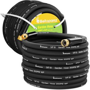 Beitopamz 200 ft Garden Hose, 5/8 in Heavy Duty Water Hose, Flexible and Durable, Lightweight Rubber Hybrid Hose, Leak-Free Connections, Male to Female 3/4'' Brass Fittings for Patio, Lawn, Black