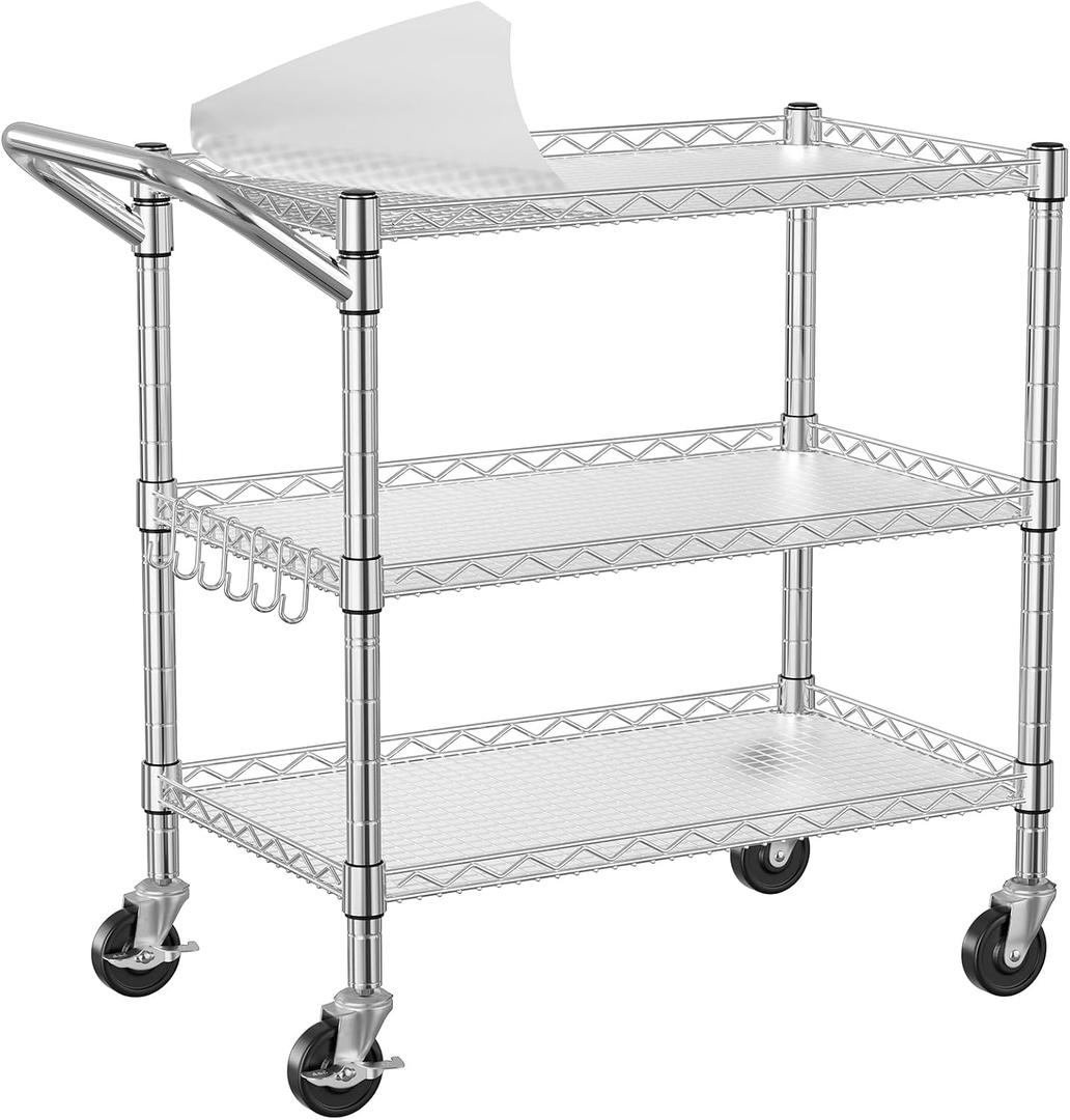NTE 3 Tier Heavy Duty Rolling Utility Cart on Wheels, 990Lbs Capacity Rolling Wire Cart, Kitchen Carts on Wheels, NSF Commercial Metal Serving Cart with Handle and Shelf Liners for Kitchen, Restaurant, 18.1 x 30.3 x 32.6 inches