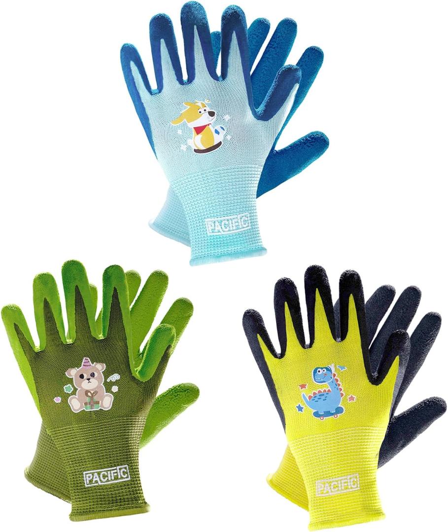 PACIFIC PPE 3 Pairs Kids Gardening Gloves for Age 5-9, Toddler Rubber Coated Garden Gloves, Kids Work Gloves, for Children, Boys and Girls, Multicolor, XXS