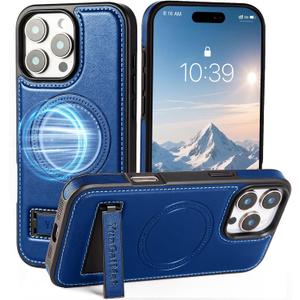 Magnetic for iPhone 16 Pro case with New with Kickstand [Compatible with MagSafe] Leather for iPhone 16 Pro 6.3'' Blue