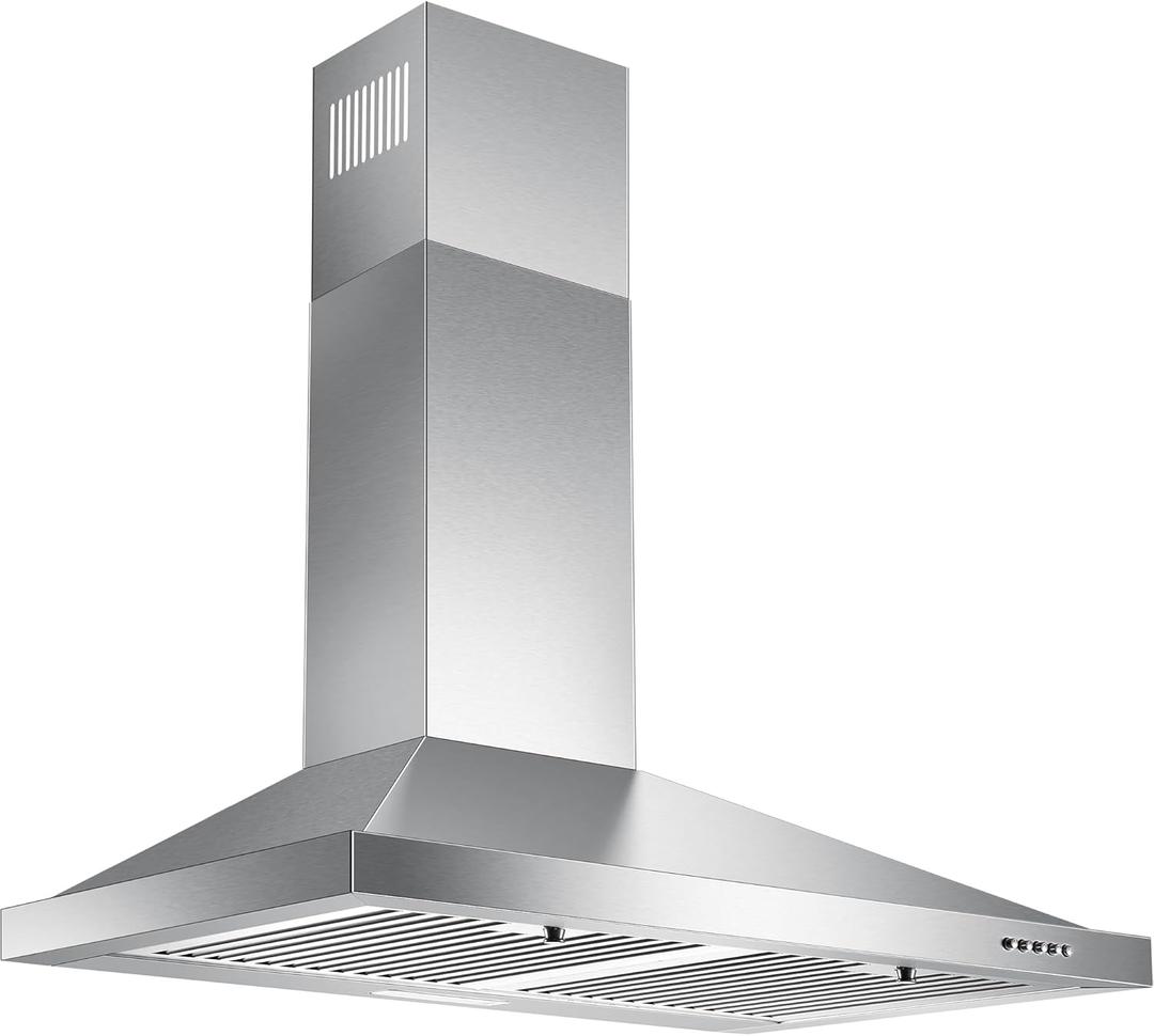 24 Inch Range Hood, Wall Mount Vent Hood in Stainless Steel with Ducted/Ductless Convertible Duct, 3 Speed Exhaust Fan, Energy Saving LED Light, Push Button Control, 2 Pcs Baffle Filters