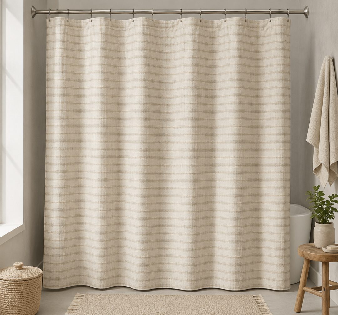 Cream Stripe Linen Shower Curtain 80 Inches Long Cloth Fabric Shower Curtain for Bathroom Neutral Hotel Bathtub Luxury Water Repellent Extra Long 80 Inch Drapes Set with Hooks Ivory Birch, 72x80