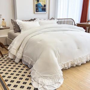 AIKASY White Comforters Twin Size Set, Vintage Boho Chic Farmhouse Bedding Sets Shabby Ruffle Queen Bed Comforter Bedding 3PCS1 Comforter and 2 Pillowcases