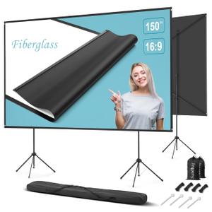 Outdoor Projector Screen with Stand 150 inch 16:9, Portable Projector Screen, 1.5 High Gain Fiberglass, Sturdy Backing, Wind-Resistant Movie Screen, Tripod/Wall Mounted, for Home Cinema/Backyard Party