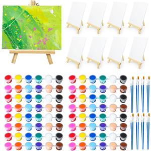 8 Set Mini Acrylic Paint Kit, Mini Stretched Canvas with Easel, Acrylic Paint Strips, Painting Brushes, Mini Canvas and Easel Paint Set for Kids Artists Beginner for Easter Party Gift