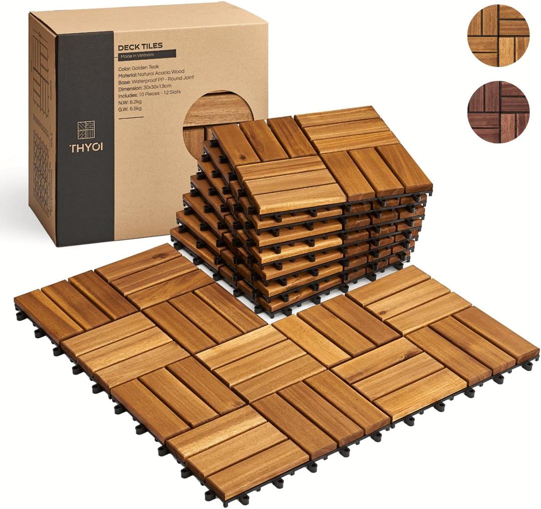 THYOI Acacia Wood Interlocking Deck Tiles (12" x 12"), Deck Flooring Outdoor Waterproof All Weather, Tiles for Patio, decking Tiles for Indoor and Outdoor use (Golden Teak 12S, 10 Pcs - 10 Square Ft)