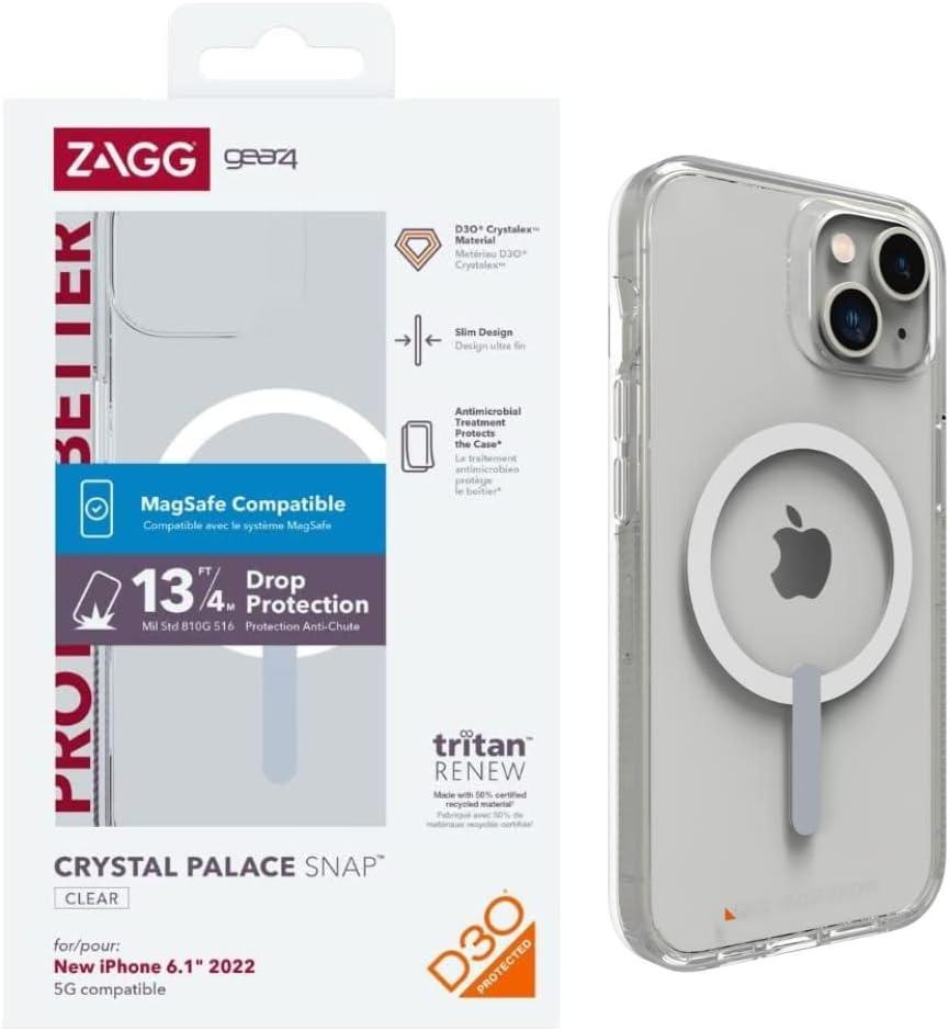 GEAR4 ZAGG Crystal Palace Snap iPhone 14/13 Case - Clear iPhone Case, D30 Drop Protection (13ft/4m), Anti-Yellowing Properties, Edge-to-Edge Protection, Magsafe Compatible