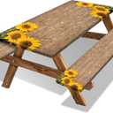 Picnic Table Cover with Bench Covers 6FT Sunflower Waterproof Fitted Picnic Table Cloths Wood Texture Outdoor Elastic Picnic Tablecloth Outdoor Camping Essentials(3pcs-72")