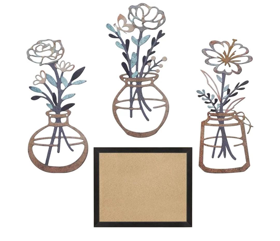 Lcaughsy Metal-Wall-Decor Living Room - 3 Pcs Metal Bathroom Wall Art Floral Vase and Picture Frame for Decoration- Hanging Display Wall Decor Art for Home Dining Room Bedroom Kitchen Farmhouse,Brown