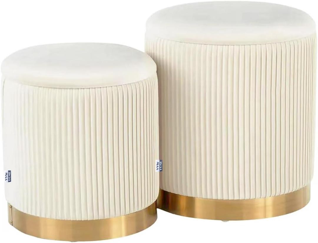 YYW HOME Round Ottoman with Storage Set of 2 Vanity Stool Foot Rest with Removable Lid White Velvet Storage Ottoman Stool for Living Room and Dorm, 14.75" x 14.75" x 17.75", 12.6" x 12.6" x 14.17"