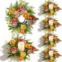 6 Pcs Mini Flowers Wreaths for Candle Ring with Orange Red Purple Yellow Daisy Floral Artificial Spring Summer Small Candle Holder Wreath for Home Kitchen Table Centerpieces Farmhouse Front Door Porch (Colorful Daisies)