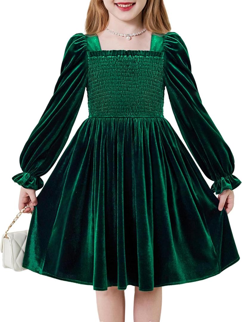 Arshiner Toddler Velvet Dress Girls Smocked Square Neck Puff Long Sleeve Party Dresses with Pockets 3-8Y (6-7 Years, Green)