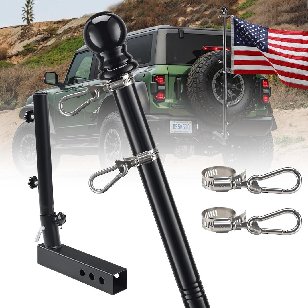 Truck Flag Pole Kit with Trailer Hitch Holder - 5FT Heavy Duty Tangle Free Flagpole for Trucks,Upgraded Windproof Holder with Longer Sleeve for Truck,Pickup,Jeep (Black)