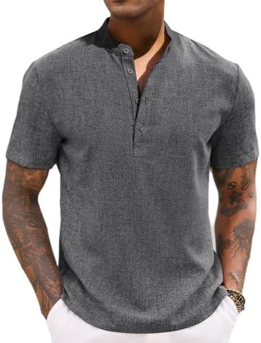 COOFANDY Men's Casual Summer Beach Henley Shirt Band Collar Lightweight Hippie Tee Shirts, S