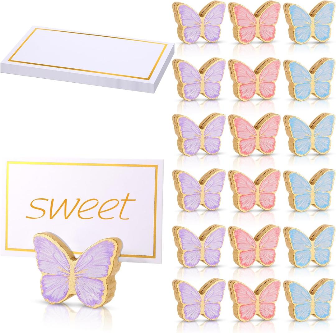 Kigley 18 Pcs Butterfly Place Card Holders with 25 Pcs Gold Foil Place Cards Wooden Table Number Name Photo Stand Clips Tea Party Decorations for Wedding Centerpieces Baby Shower Birthday Supply
