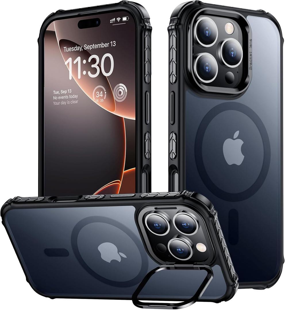 Magnetic for iPhone 16 Pro Max Case, [12FT Military Grade Drop Protection] [Compatible with MagSafe] Built-in Stash Kickstand Shockproof Anti-Scratch Slim Translucent 6.9, Black