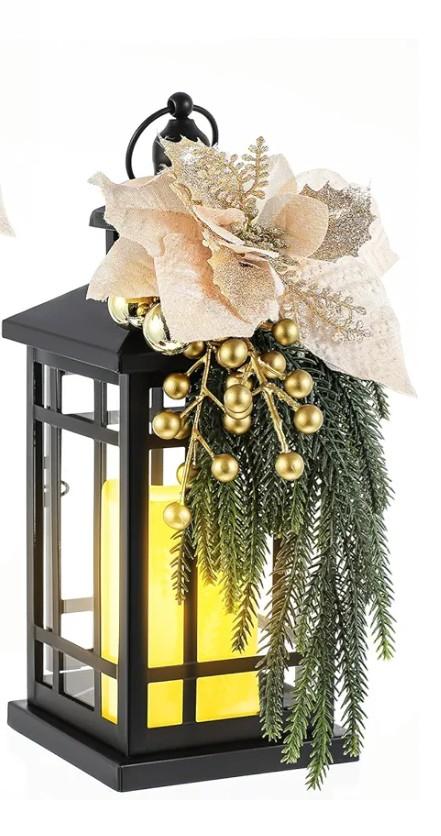 ROCEEI  Christmas Decorative Lantern Porch Decorations with LED Flickering Flameless Candle 14 Inch Vintage Hanging Lantern Xmas Centerpieces for Tables Indoor Outdoor Decor (Norfolk Pine)