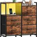 Somdot Nightstand with Charging Station and LED Light, Wide 5 Drawers Dresser for Bedroom with Fabric Bins and Open Shelf for Bedroom Kids Closet Dorm Guest Room, Wood Grain Print