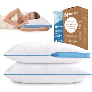 Nappler Side and Back Sleeper Pillow for Neck and Shoulder Pain Relief-Shredded Memory Foam Bed Pillow for Sleeping - 100% Adjustable Fill - Standard Size Set of 2 Washable Case. Extra Fill Included