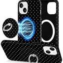 Jusy Compatible with Magsafe Polka Dot Phone Case for iPhone 13/ 14, Cute Aesthetic Magnetic Ring Holder Stand Case, Soft TPU and Hard PC Protective Phone Cover for Women Girls - Black Polka Dot