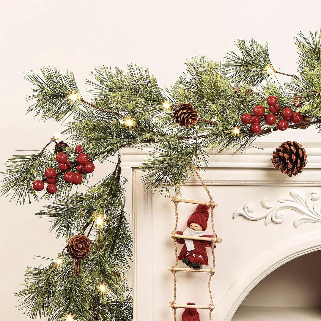 SHareconn 2 Pcs 6FT Prelit Smokey Christmas Garland with Battery Operated Timer, Multi-Color Lights, Lighted Cedar Pine Garland with Cones for Mantle Stairs Fireplace Indoor Outdoor Decoration, 6 FT