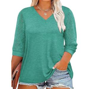 Chulianyouhuo Plus Size Tops for Women 3/4 Lace Sleeve V Neck Tee Shirt Summer Casual Loose Fit Tunic Blouse 2026 Green Size 5XL