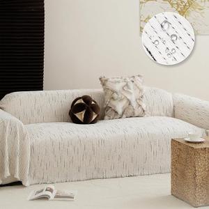 Boho Chenille Sofa Cover, Modern Stripes Pattern Washable Couch Protector for Dogs, Reversible L-Shape Sectional Sofa Slipcover, 71"x118", White