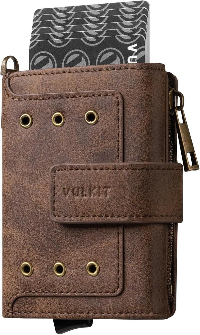 VULKIT Vintage Leather Tirfold POP UP Wallet RFID Protected, Coffee Brown