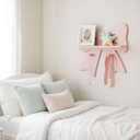 Bow Shaped Floating Shelf with Hooks, Pink Wooden Wall Decor for Girls Room | Wooden bow shelf for trinkets, jewelry, hair bows and accessories; pink wall organizer for girls bedroom and vanity decor
