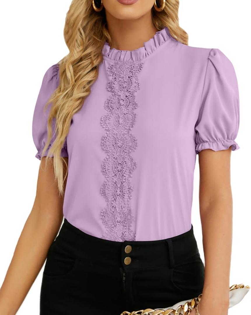 Rooscier Women's Lace Ruffle Puff Short Sleeve Frill Mock Neck Elegant Office Blouse (Large, Light Purple)
