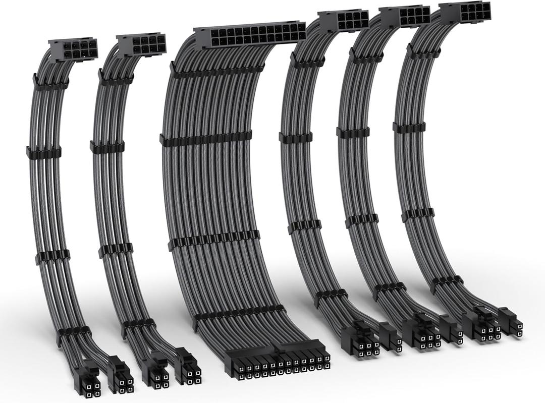 EZDIY-FAB PSU Cable Extension Kit,16AWG Power Supply Extension Cable,1x24Pin/2x4+4 EPS/3x6+2 PCI-E,Custom PC Sleeve Cable 300MM with Combs-Carbon