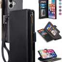 Wallet Case for iPhone 16 Plus 6.7" with Wrist Strap - PU Leather Folio Flip with Credit Card Holder & Kickstand, Protective Cover(Black)