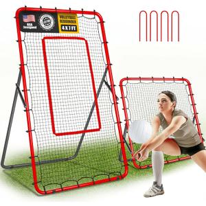 2-in-1 Volleyball Rebounder Net System, Adjustable from 7x4 ft to 4x4.5 ft, 4-Angle Bounce Back Net, Training Equipment for Volleying, Bumping, Spiking Practice, Resists Twisting (Red)