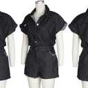 Tcremisa Women's Vintage Distressed Short Denim Jumpsuit Stretch Short Sleeve Button Down Cargo Jean Rompers (Black, XL)